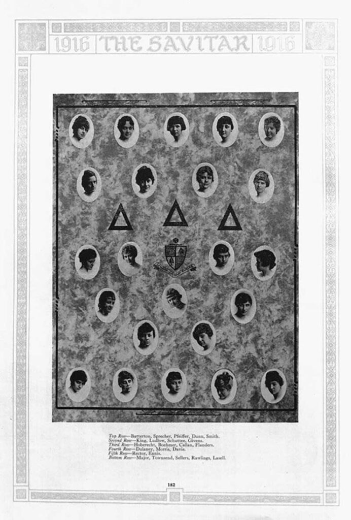 Page from the 1916 Savitar showing Delta Delta Pledges at the University of Missouri. Pauline Pfeiffer is the top center photo.