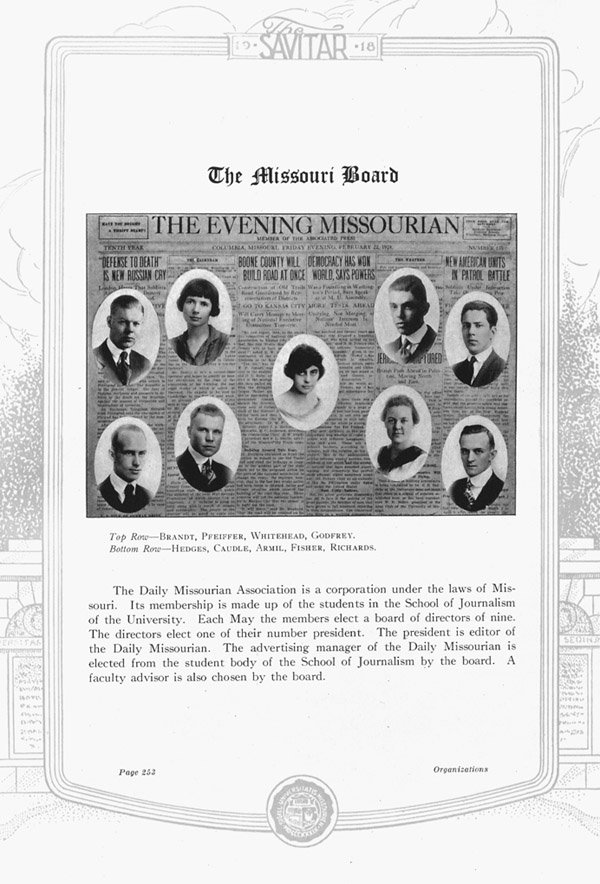 Pauline Pfeiffer The Missouri Board, image from 1918 Savitar yearbook at the University of Missouri.