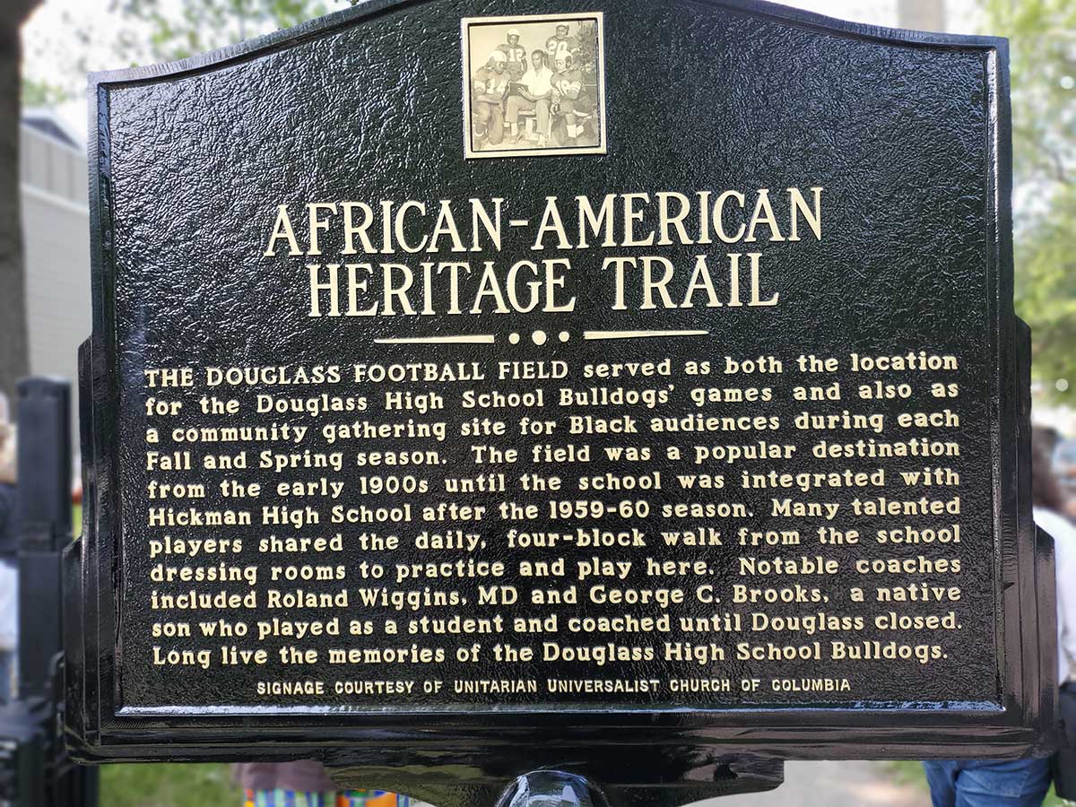 This is the plaque and message on the new marker that memorializes the former Douglass High School football field on Columbia's African American Heritage Trail.