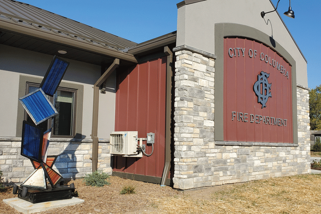 exterior of Columbia's new Fire Station 11 features a sculpture called Casting Light. The sculpture's commissioning was funded via the Percent for Art program for new public buildings.