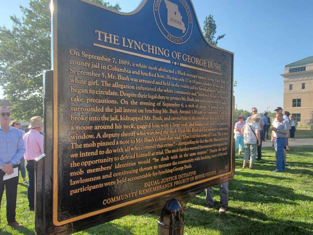 The 25th marker on the African-American Heritage Trail in Columbia, Missouri, recognizes the lynching of Black teen George Bush in 1889.