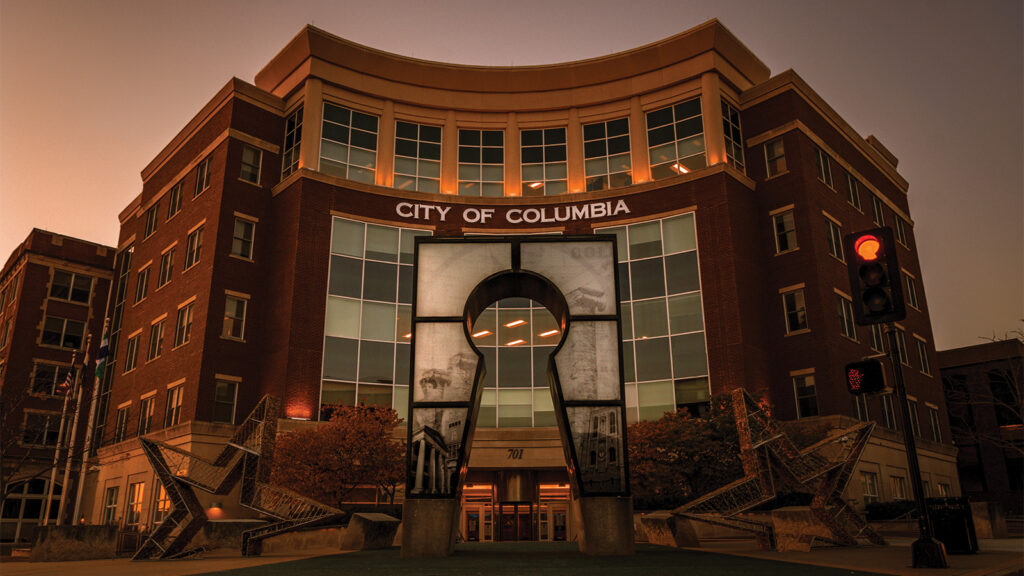 Exterior Shot Of Columbia Missouri City Hall at dusk