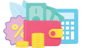 Illustration of Wallet with money, stacked coins, and a calculator.