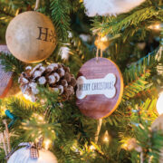 Detail shot of minimalist neutral Christmas tree decorations