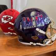 Super Bowl and Chiefs helmets