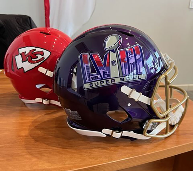 Super Bowl and Chiefs helmets