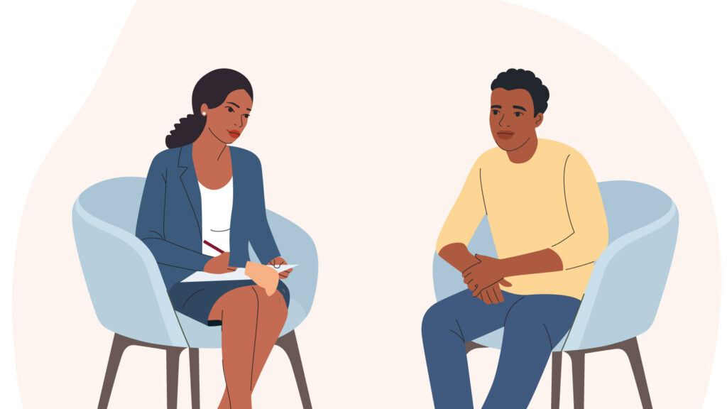 Therapist and Client Sitting in Matching Chairs cartoon graphic