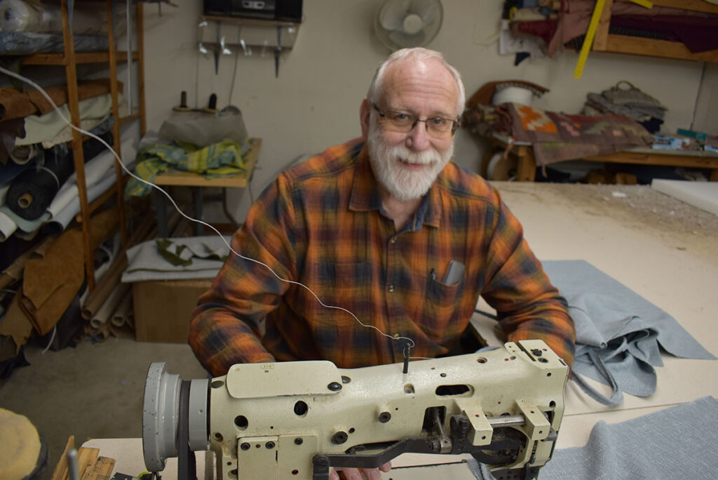 Ralph Terwelp is pictured at his sewing and upholstery area.