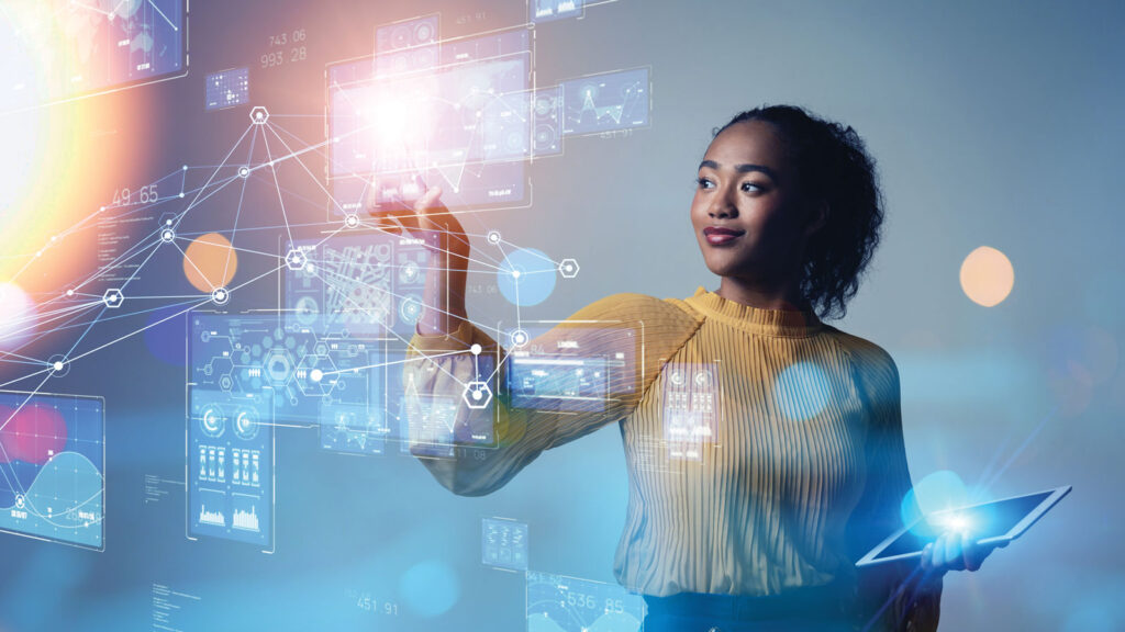 women holding an tablet and taping on virtual 3d effects Digital Transformation Concept