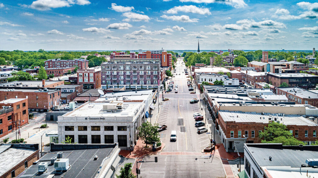 Columbia Missouri birds eye view of downtown