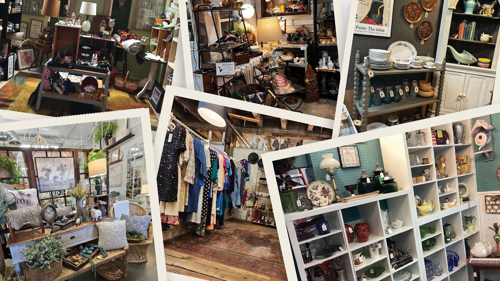 Show-Me Antiques - a collage of photos from the antique shops in the story.