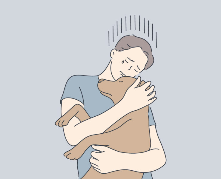 Crying Boy Hugging Brown Dog