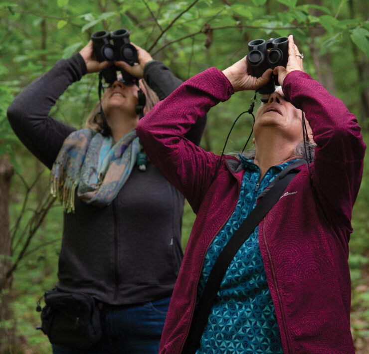 Kiwanis Bird Hike 2024 two women looking through binoculars toward the trees above. By Steve Bybee