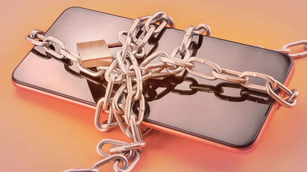 Cellphone chained and secured with a padlock