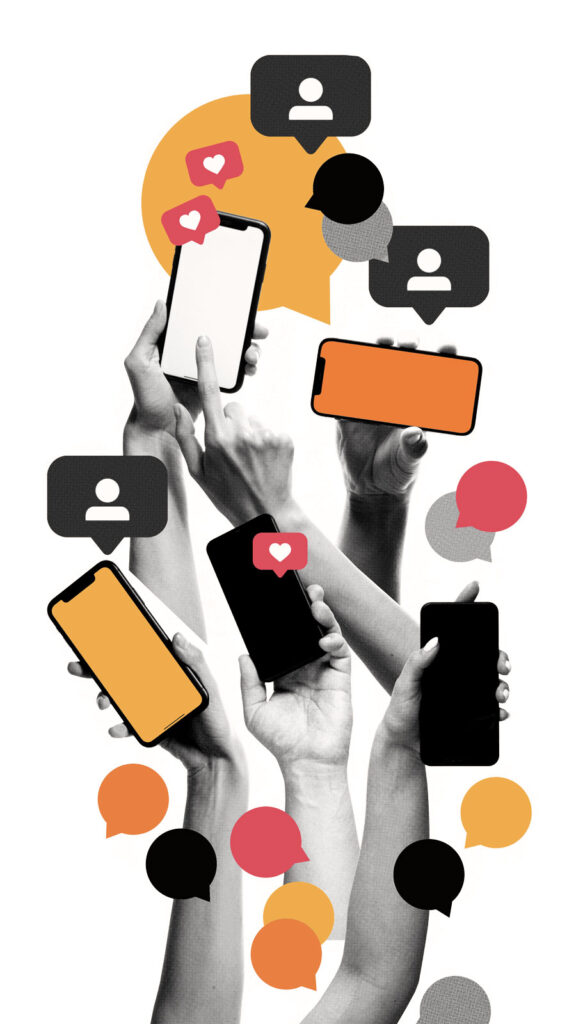 Collage of desaturated hands holding cell phones with illustrated conversation bubbles