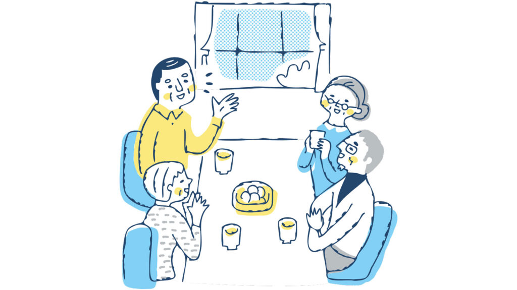 Illustration of adults talking with older adults and drinking coffee while sitting at a kitchen table in front of a window