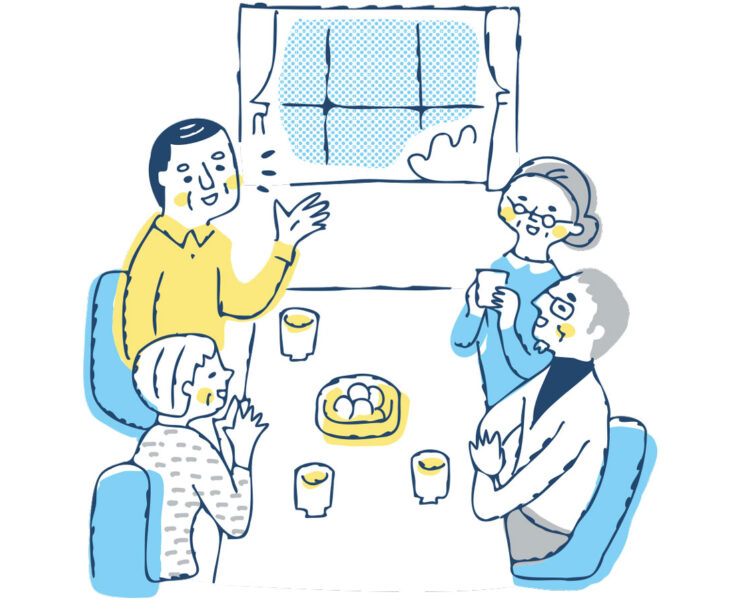 Illustration of adults talking with older adults.