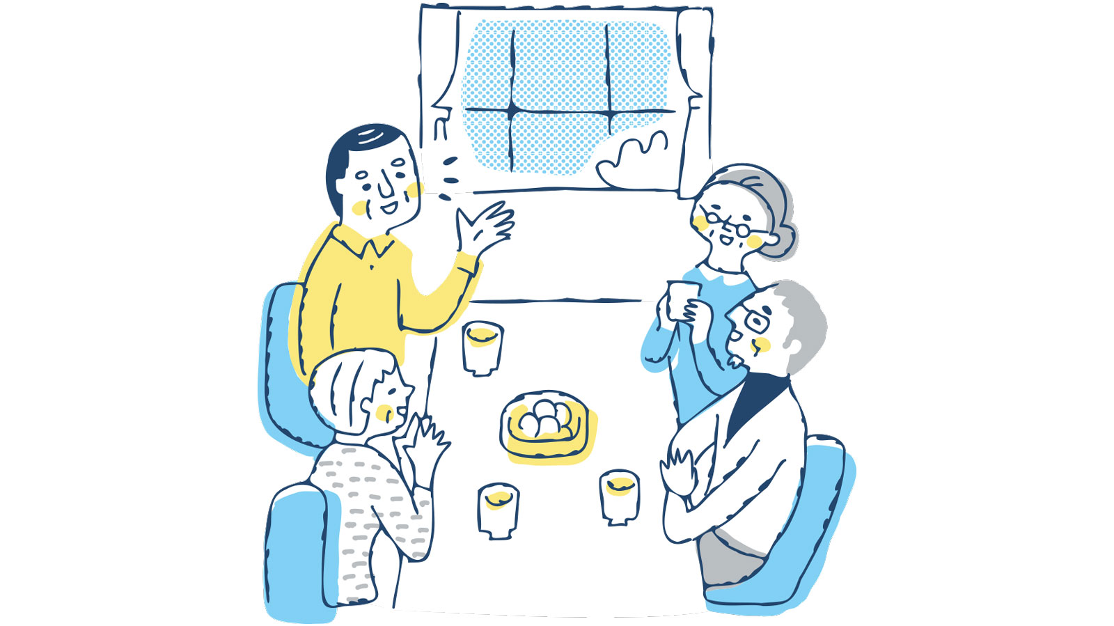 Illustration of adults talking with older adults.