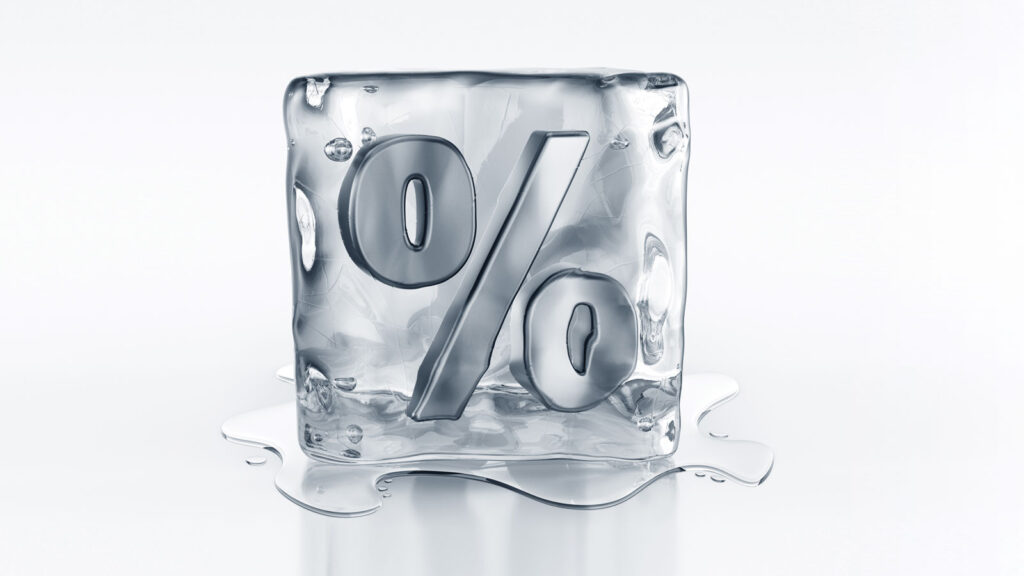 Illustration of ice cube with percentage sign carved into it and ice melting