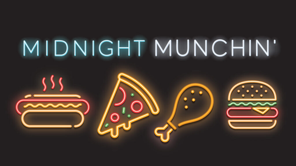 Midnight Munchin' illustration of neon sign with a hotdog, pizza, wing, and burger graphics