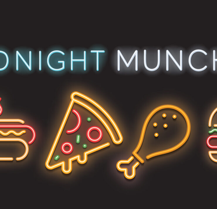 Midnight Munchin' illustration of neon sign with a hotdog, pizza, wing, and burger graphics