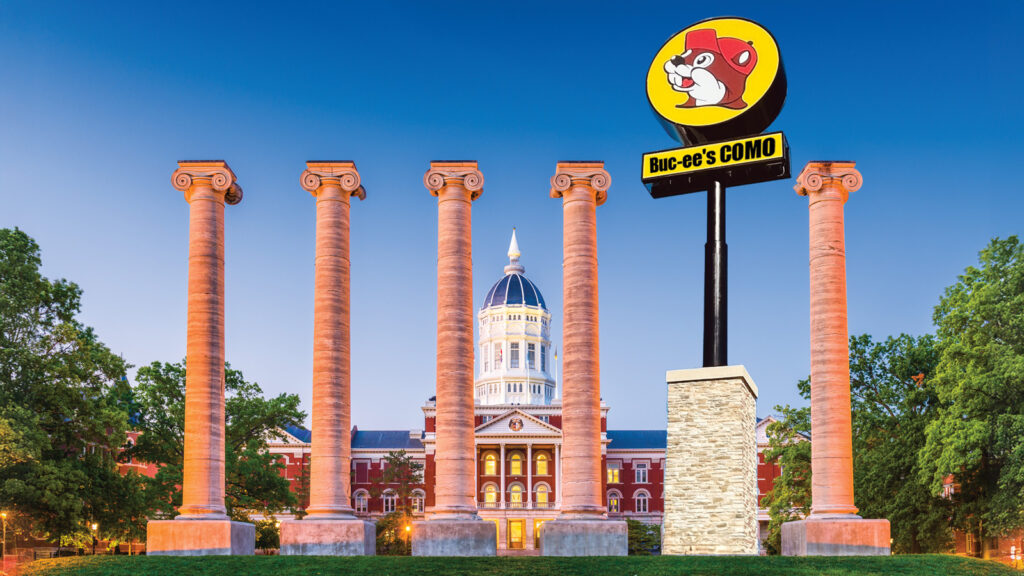 An illustrtion shows a Bucees sign replacing a column on the Mizzou Quad.