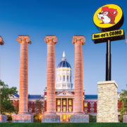 An illustrtion shows a Bucees sign replacing a column on the Mizzou Quad.