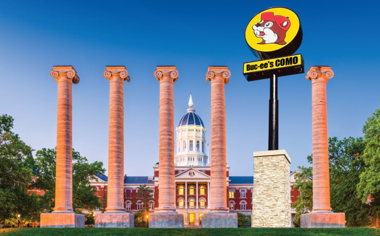 An illustrtion shows a Bucees sign replacing a column on the Mizzou Quad.