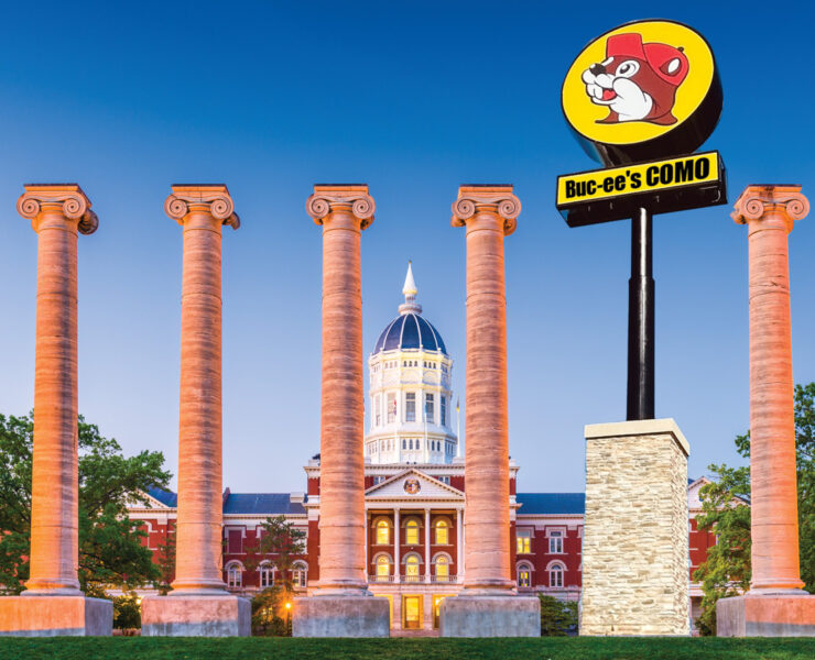 An illustrtion shows a Bucees sign replacing a column on the Mizzou Quad.