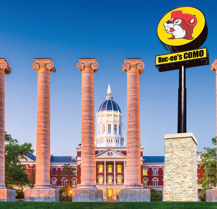 An illustrtion shows a Bucees sign replacing a column on the Mizzou Quad.