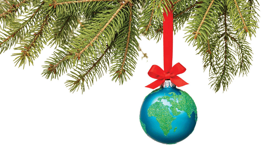 Featured Globe Ornament Hanging From Pine Tree Limb