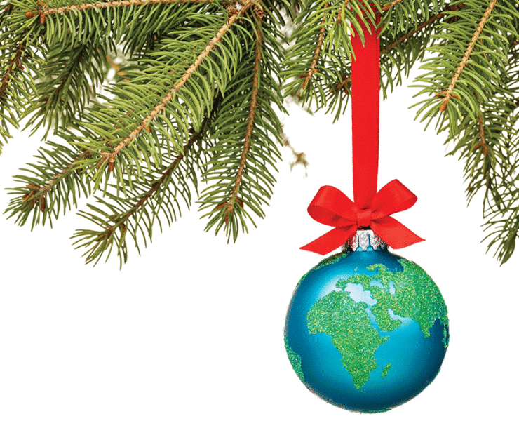 Featured Globe Ornament Hanging From Pine Tree Limb