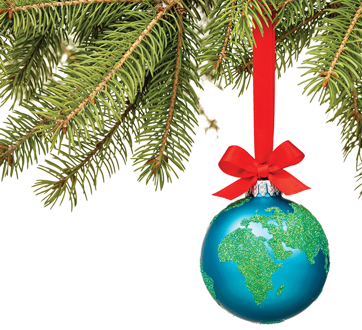 Featured Globe Ornament Hanging From Pine Tree Limb