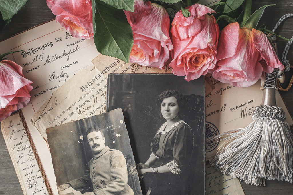 Recollection Agency Stock Feature a collection of vintage portraits and old documents next to a few roses