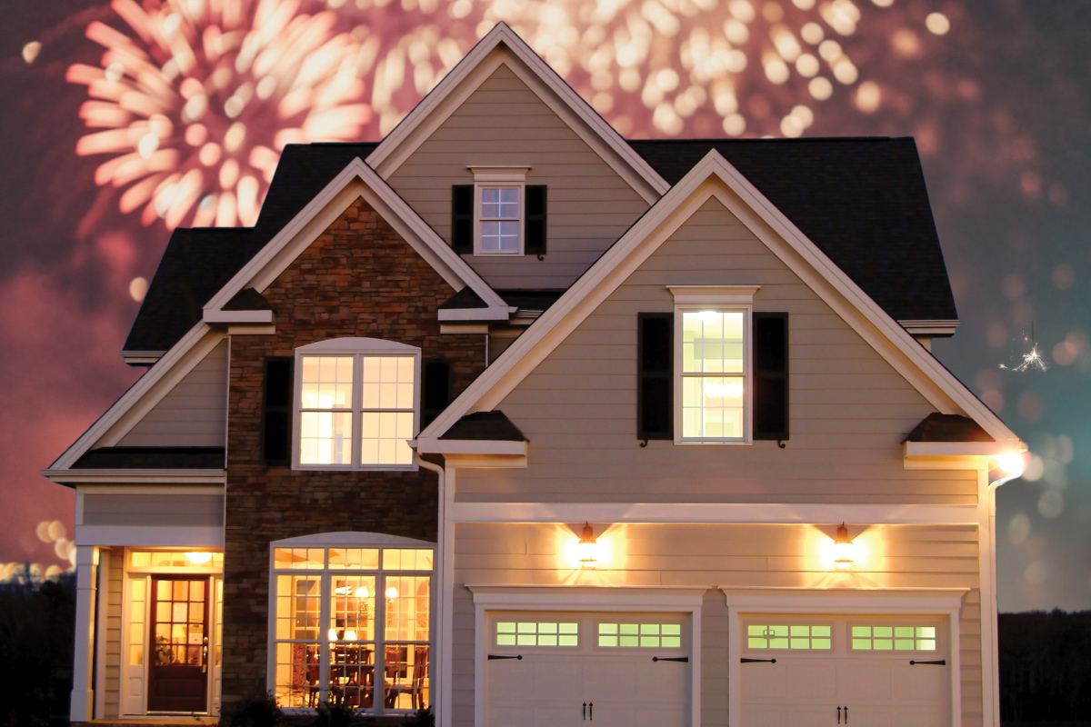 Computer Generated Image Of A House With Fireworks In The Background