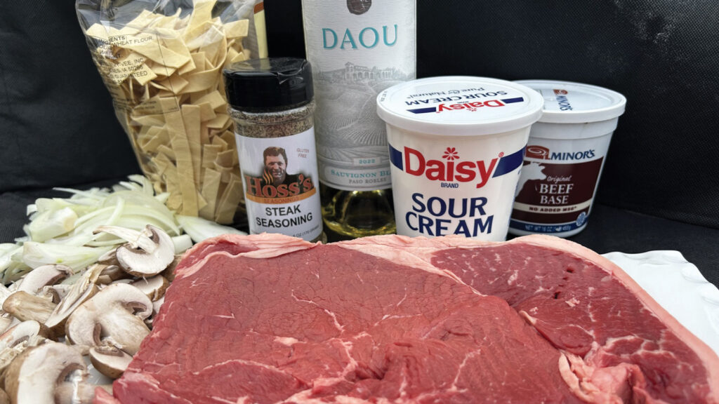 Featured Ingredients Laid Out For Beef Stroganoff