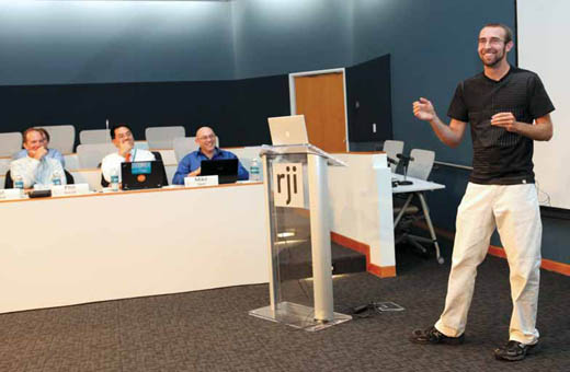 Justin Beck, CEO of PerBlue, presents during the Pitch Slam at the Reynolds Journalism Institute.