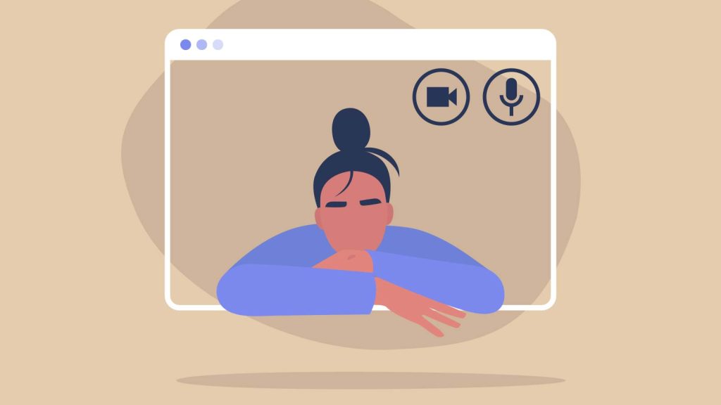 suggesting a video call interface. The background is a neutral beige tone.