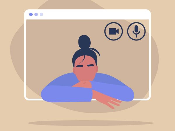 suggesting a video call interface. The background is a neutral beige tone.