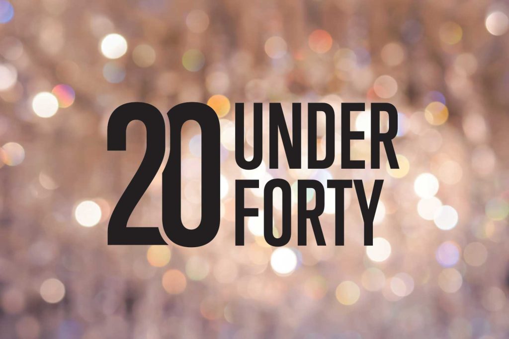 graphic with the text "20 under 40" with a glittery background