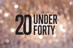 graphic with the text "20 under 40" with a glittery background