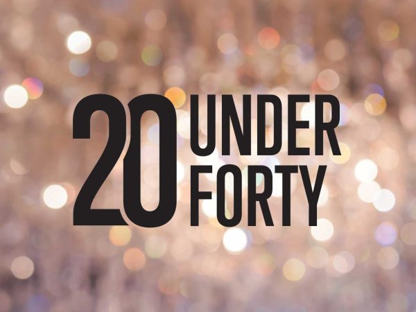 graphic with the text "20 under 40" with a glittery background