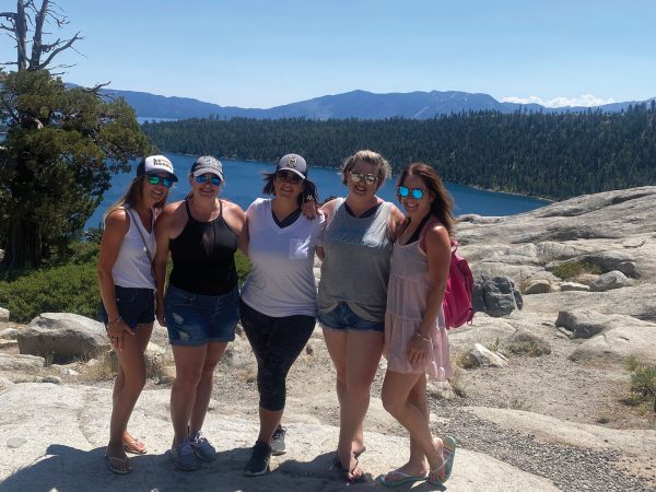 COMO Editor Kim Ambra Publisher Erica Pefferman and friends before the trek to Emerald Bay