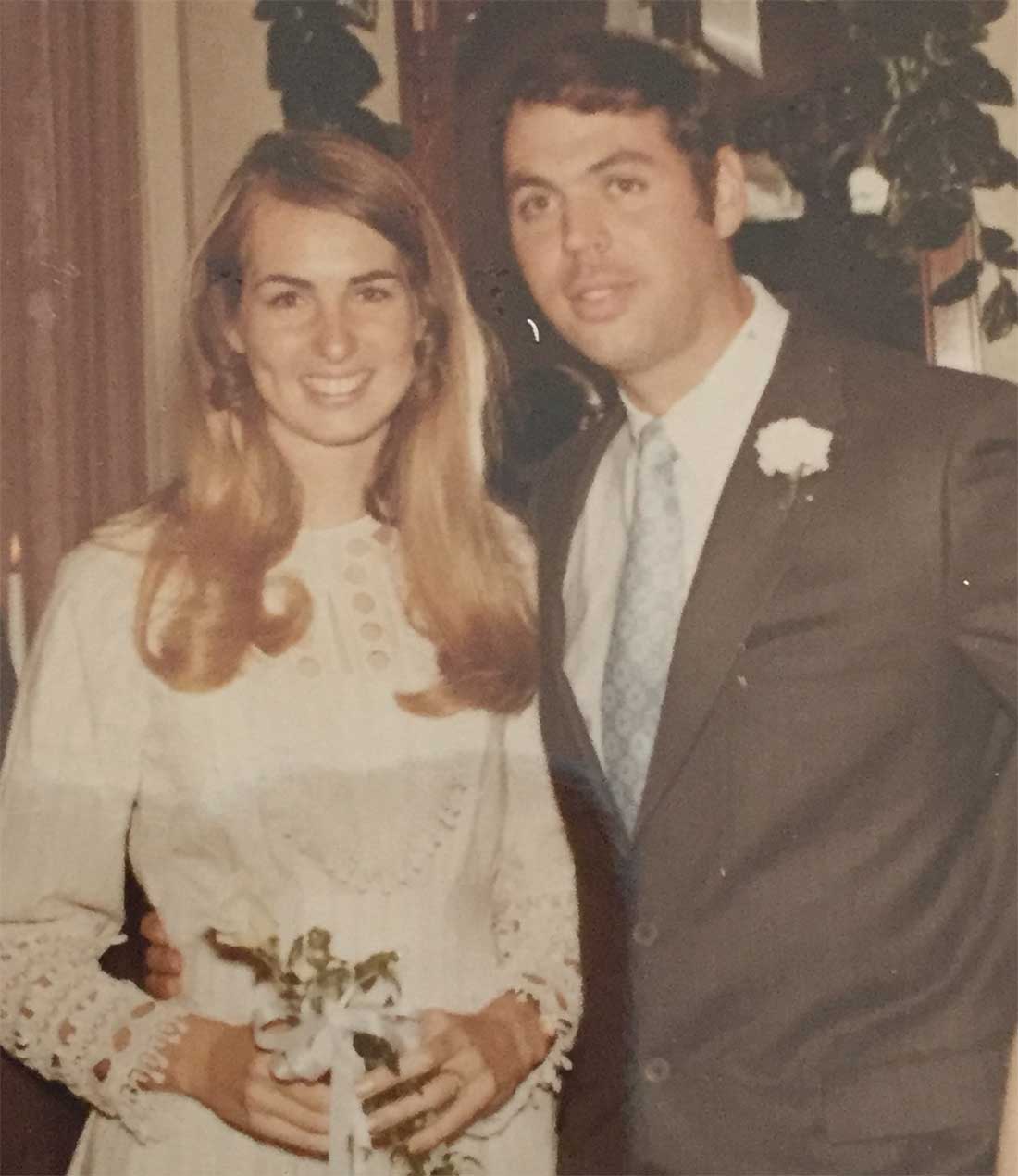 A wedding photo from 1970 showing newlyweds Kate and Earl Palan (also known as Kat and Goose).