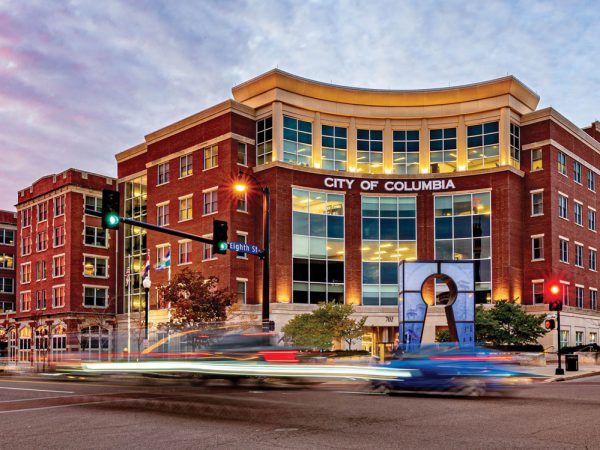 exterior of city of Columbia city hall building at sunset