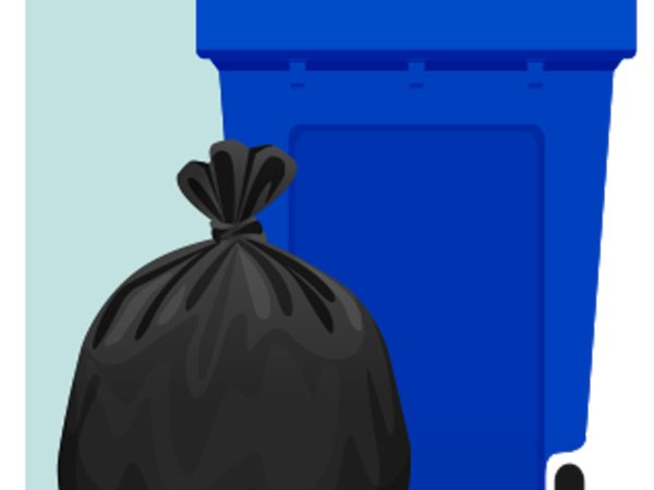 Illustration of a black trash bag in front of a blue recycle can with marijuana buds