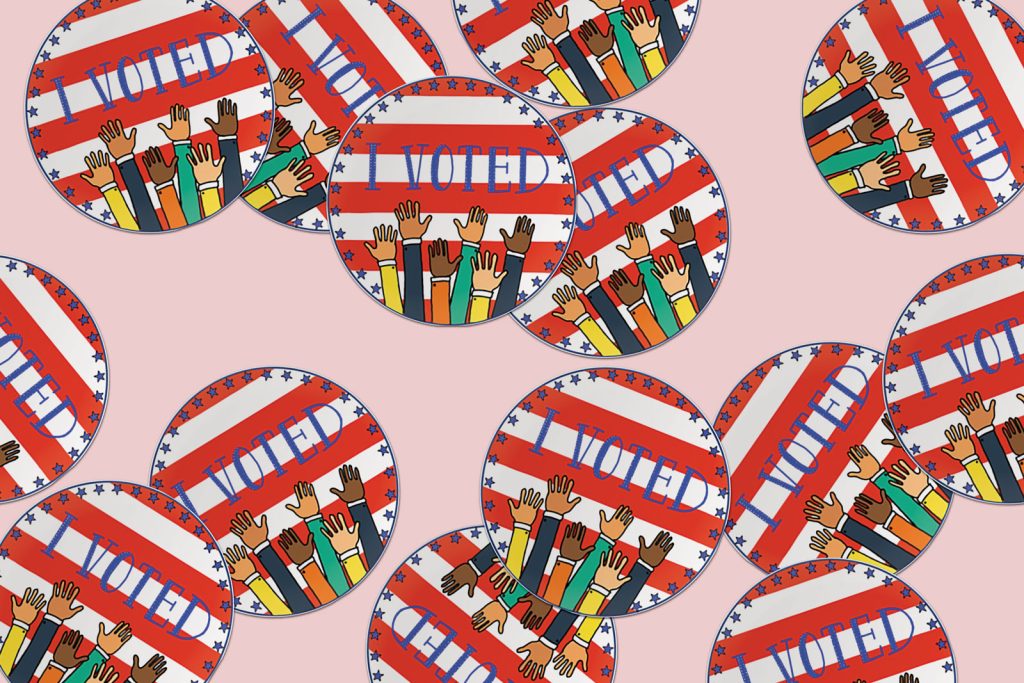 Illustration of round stickers with the text "I voted" against a pink background