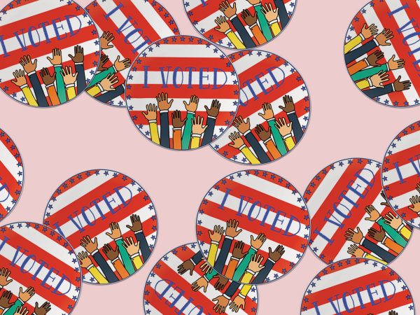 Illustration of round stickers with the text "I voted" against a pink background