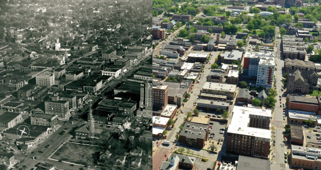 Missouri|aerial view of football field near Columbia Missouri with the current view side by side with the historical image of the football field outside of Columbia