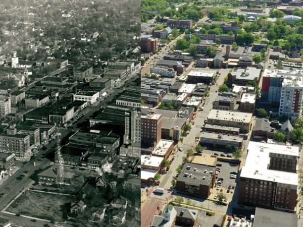 Missouri|aerial view of football field near Columbia Missouri with the current view side by side with the historical image of the football field outside of Columbia